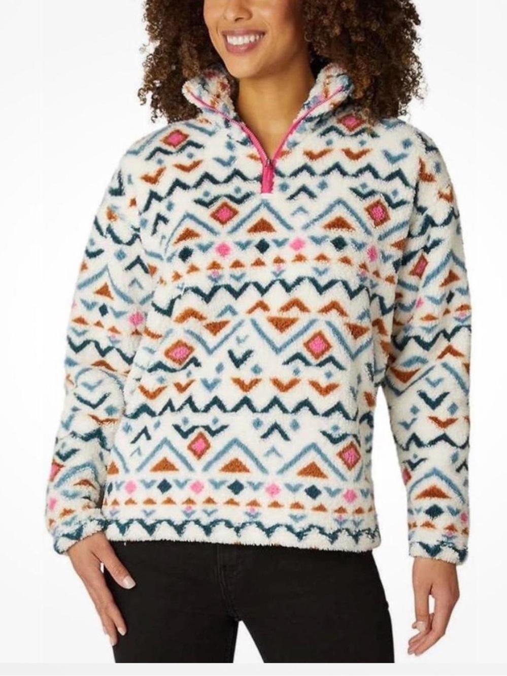 Eddie Bauer White Sherpa Pullover with Multi-Color Aztec Print